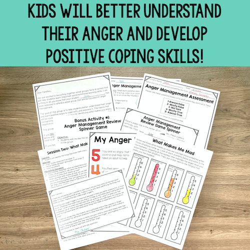 Educational materials on anger management on a wooden surface with a teal background