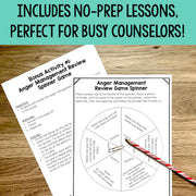 Anger Management Review Game spinner on a piece of paper with text about no-prep lessons for busy counselors.