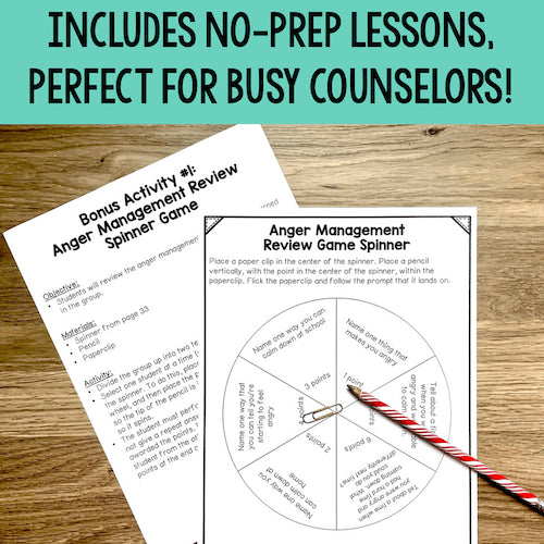 Anger Management Review Game spinner on a piece of paper with text about no-prep lessons for busy counselors.