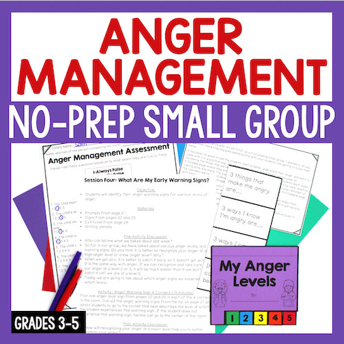 Anger management resource with worksheets and tools on a purple background