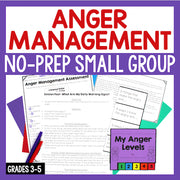 Anger management resource with worksheets and tools on a purple background