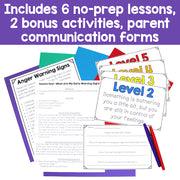 Educational materials with anger management worksheets and colorful flags on a white background