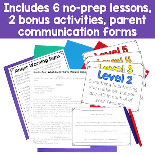 Educational materials with anger management worksheets and colorful flags on a white background