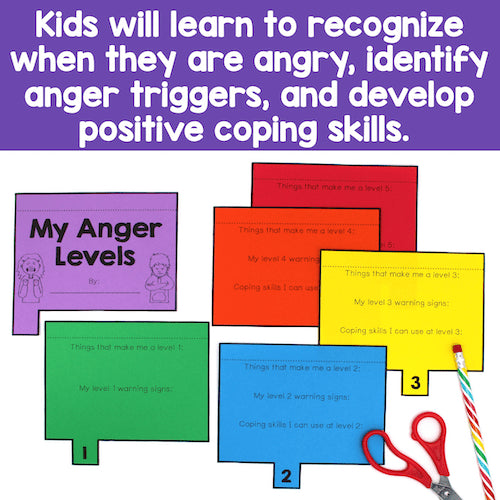 Colorful educational materials for teaching anger management to children, including sheets and a pair of scissors.