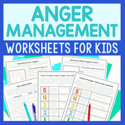 Cover of 'Anger Management Worksheets for Kids' with worksheets displayed on a blue background