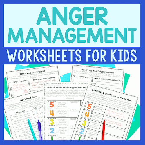 Cover of 'Anger Management Worksheets for Kids' with worksheets displayed on a blue background