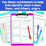 Anger management worksheets on a colorful background with text encouraging their use.