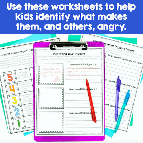 Anger management worksheets on a colorful background with text encouraging their use.