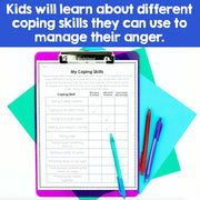 Coping skills worksheet on a clipboard with colorful background