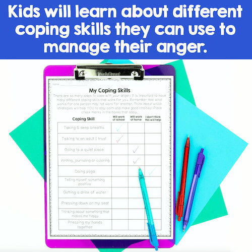 Coping skills worksheet on a clipboard with colorful background