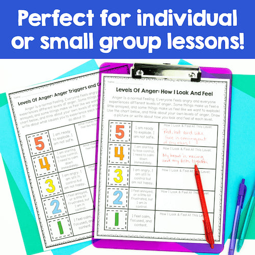 Educational worksheets on a clipboard with colorful border and text 'Perfect for individual or small group lessons!'