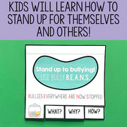 Educational material for bullying prevention with text and a teal bean-shaped object on a green and purple background.
