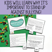 Educational materials on a green background with text about standing up against bullying.