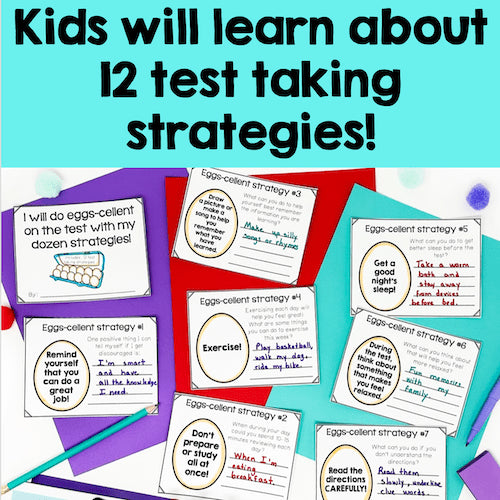 Educational materials with test-taking strategies for kids on a colorful background