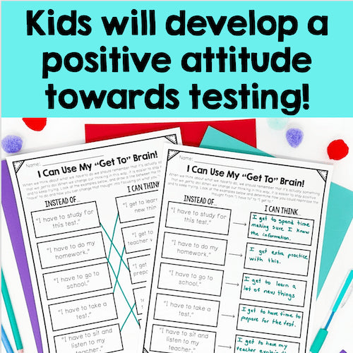 Educational materials with text about developing a positive attitude towards testing on a colorful background.