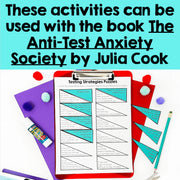 Testing Strategies Puzzles on a clipboard with colorful background and text about the book 'The Anti-Test Anxiety Society' by Julia Cook.