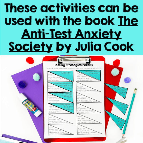 Testing Strategies Puzzles on a clipboard with colorful background and text about the book 'The Anti-Test Anxiety Society' by Julia Cook.