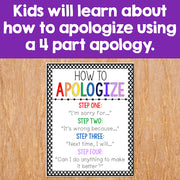 Poster on a wooden surface with text about apologizing using a 4-part apology method.