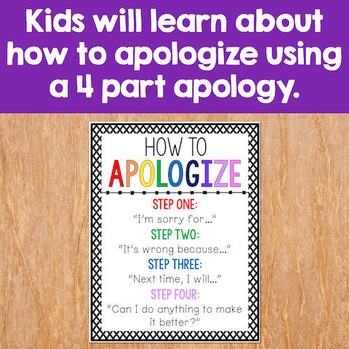 Poster on a wooden surface with text about apologizing using a 4-part apology method.