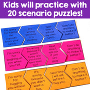 Educational scenario puzzles for kids with blue, pink, and orange cards.