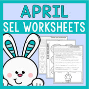 April SEL worksheets with a cartoon bunny on a blue background