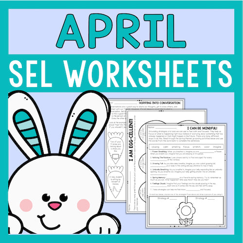 April SEL worksheets with a cartoon bunny on a blue background