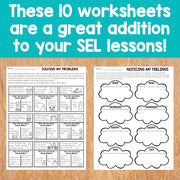 Two worksheets on a wooden surface with text overlay about their use in SEL lessons.