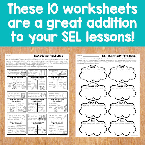 Two worksheets on a wooden surface with text overlay about their use in SEL lessons.