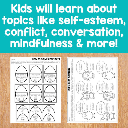 Educational worksheets on a wooden surface with text about learning topics like self-esteem, conflict, conversation, mindfulness, and more.