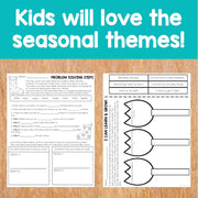 Educational worksheets on a wooden surface with text 'Kids will love the seasonal themes!'.