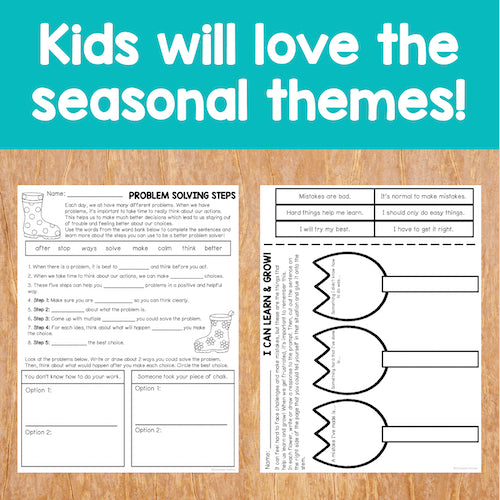 Educational worksheets on a wooden surface with text 'Kids will love the seasonal themes!'.