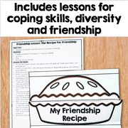 A product preview for a friendship lesson plan featuring a worksheet titled 'Friendship Lesson: The Recipe For Friendship' and a matching 'My Friendship Recipe' graphic on a wood-grain background.