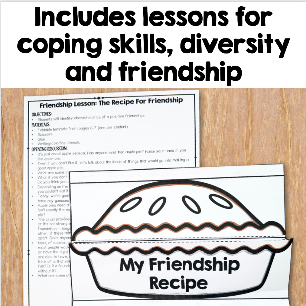 A product preview for a friendship lesson plan featuring a worksheet titled 'Friendship Lesson: The Recipe For Friendship' and a matching 'My Friendship Recipe' graphic on a wood-grain background.