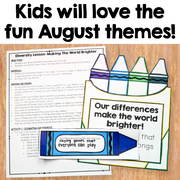 Educational poster and activity sheet set themed around August diversity lessons, featuring crayon illustrations and text like 'Diversity Lesson: Making The World Brighter!' on a wood background.