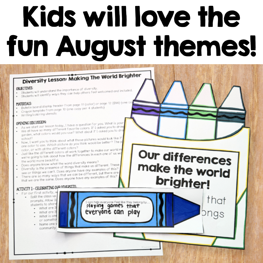 Educational poster and activity sheet set themed around August diversity lessons, featuring crayon illustrations and text like 'Diversity Lesson: Making The World Brighter!' on a wood background.