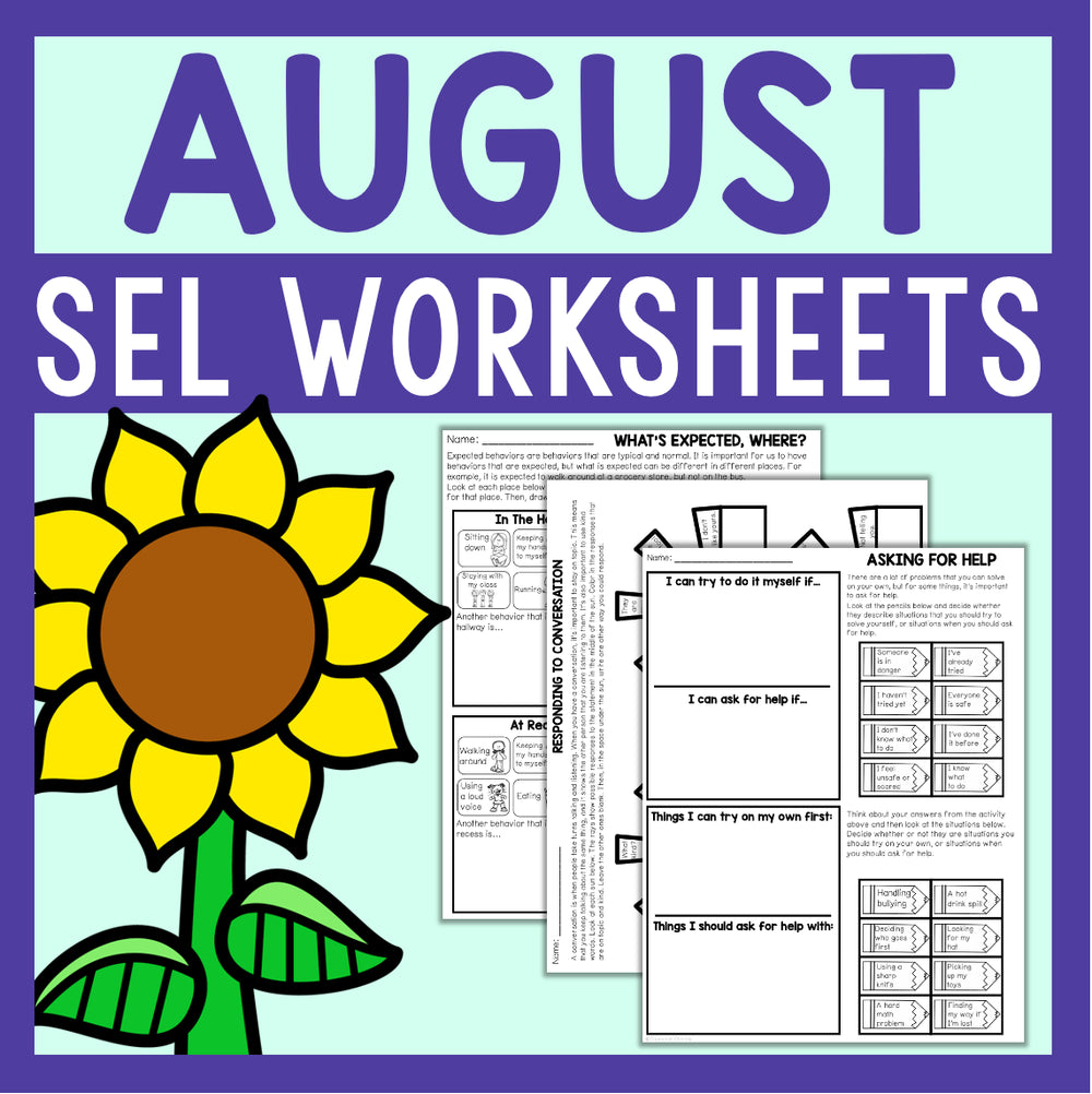 August SEL worksheets with a sunflower illustration on a blue background