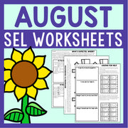 August SEL worksheets with a sunflower illustration on a blue background