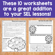 Two worksheets on a wooden surface with a purple banner above them.