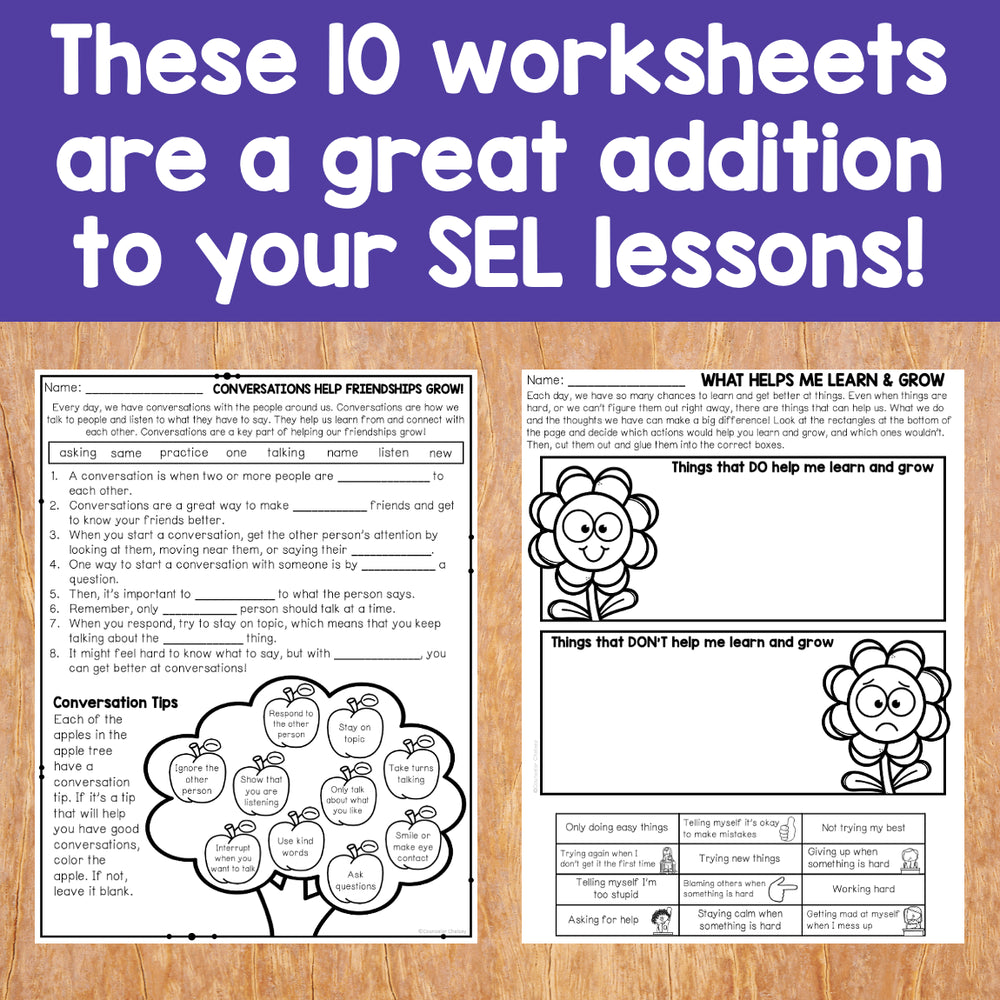 Two worksheets on a wooden surface with a purple banner above them.