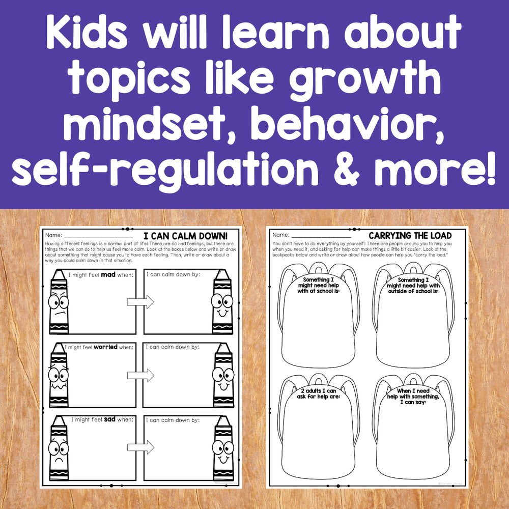 Educational worksheets on a wooden surface with text about learning topics.