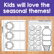 Educational materials with ice cream theme on a wooden surface