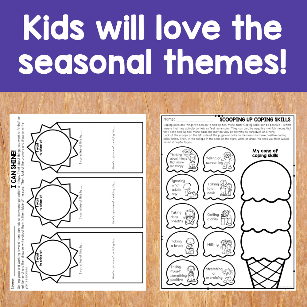 Educational materials with ice cream theme on a wooden surface