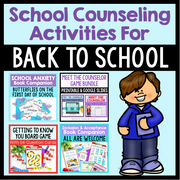 Promotional graphic for school counseling activities with a cartoon character holding a book.