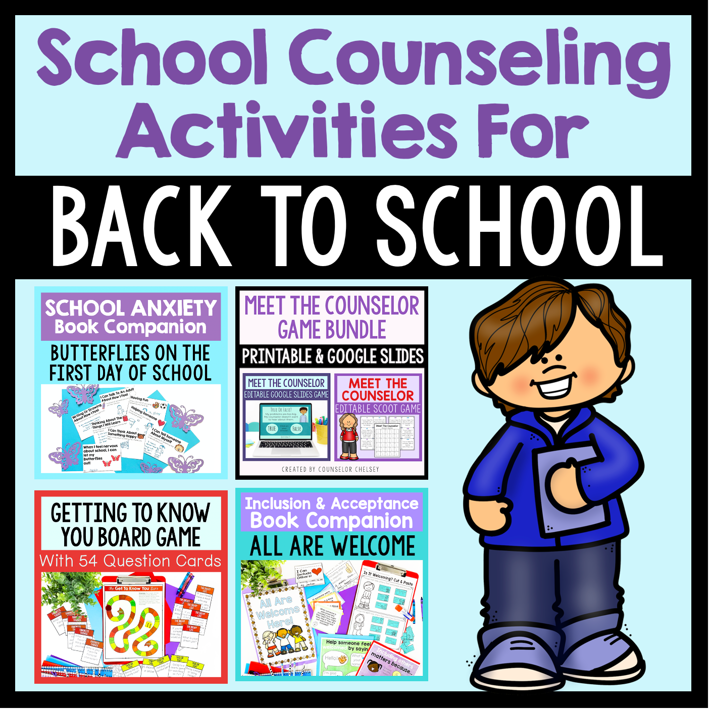 Promotional graphic for school counseling activities with a cartoon character holding a book.