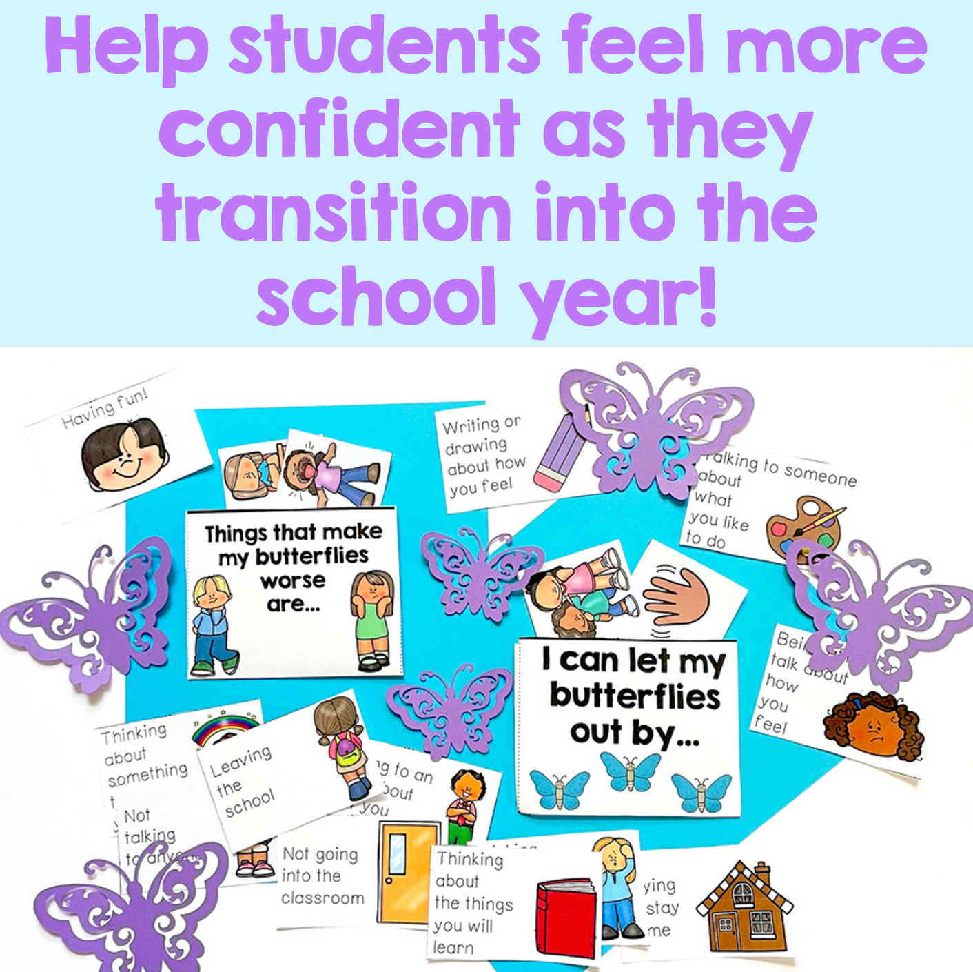 Educational materials with butterfly graphics and text on a light blue background