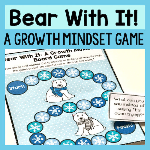 Growth mindset game board with polar bears and snowflakes on a blue background