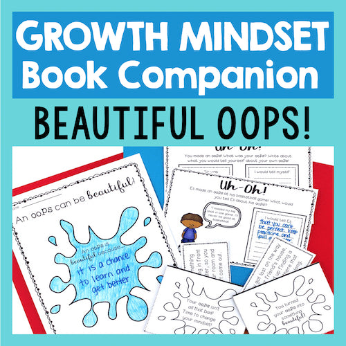 Growth mindset book companion titled 'Beautiful Oops!' with educational materials on a blue background.