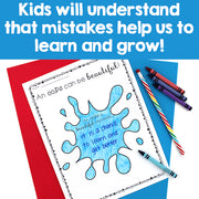 Coloring sheet with blue splashes and text, surrounded by crayons on a red and blue background.