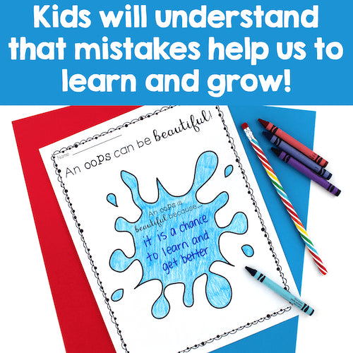 Coloring sheet with blue splashes and text, surrounded by crayons on a red and blue background.