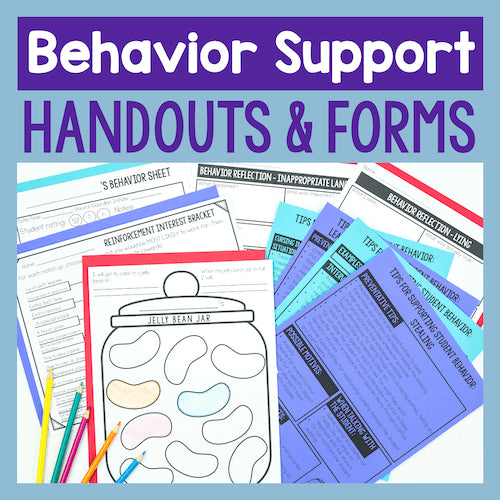 Collection of behavior support handouts and forms with a jelly bean jar illustration on a blue background.